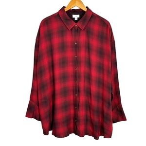 J. JILL Womens Double Cloth Plaid Tunic 2X Red Long Sleeve Button Up Pockets